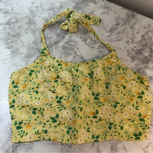 aerie Yellow Floral Halter Crop Top with Green Accents